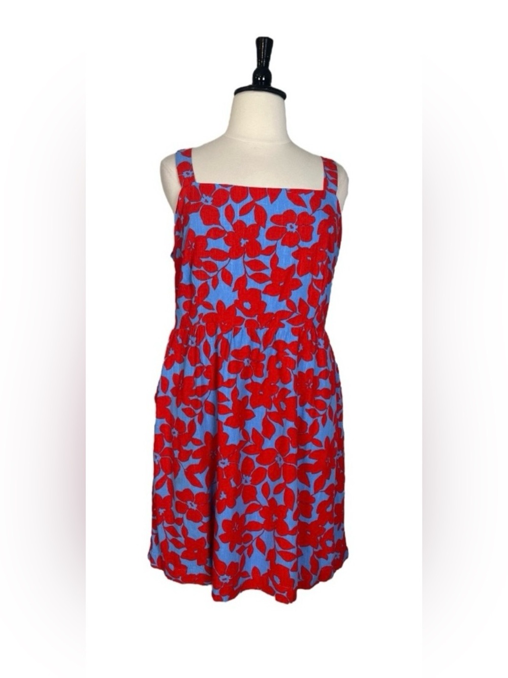 Draper James Dress Smocked Square Neck Blue Red Tropical Floral Women Size XXL